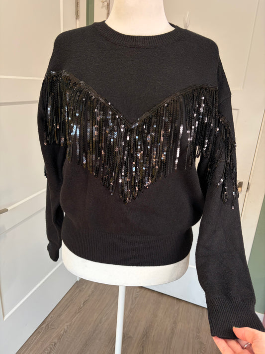 Black Sequin Fringe Sweater